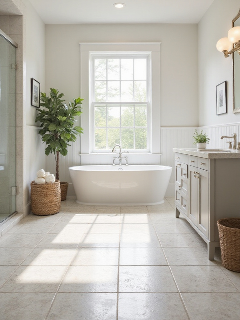 Farmhouse bathroom with affordable ceramic tile flooring under $3 per square foot