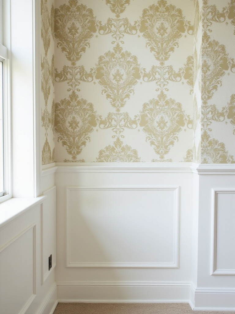 Elegant traditional living room with wallpaper and wainscoting