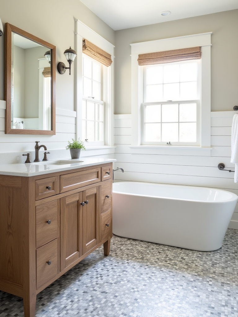 Farmhouse bathroom featuring coordinated floor tile, vanity, and walls.