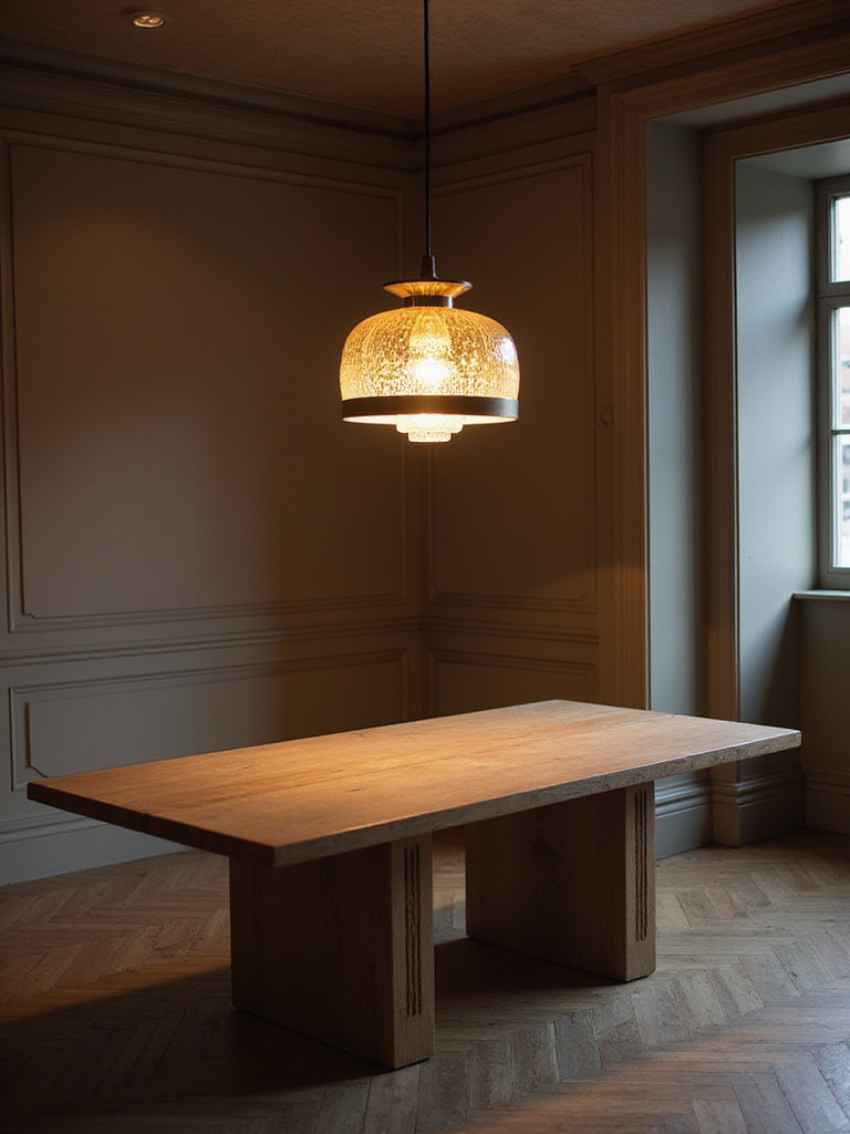 Modern dining room with harmonious overhead lighting and dining table