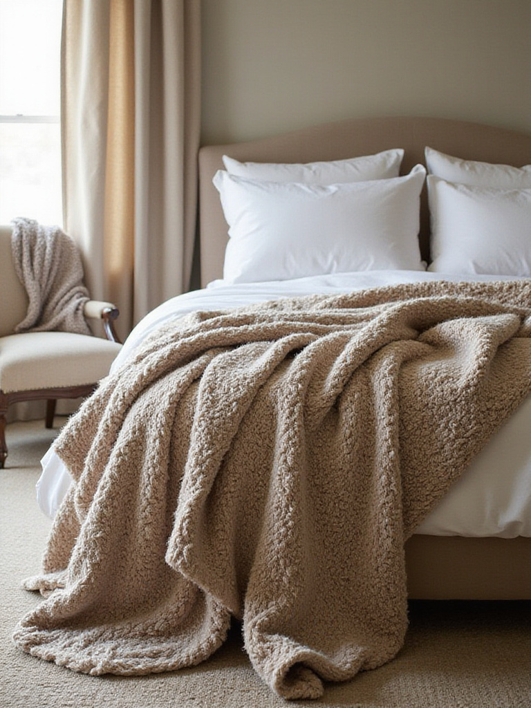 Luxurious bedroom with cozy knit throws draped across the bed and chair, inviting relaxation.