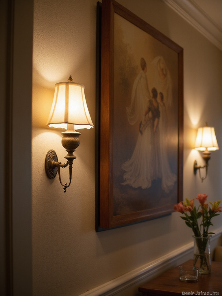 Elegant dining room with wall sconces illuminating artwork