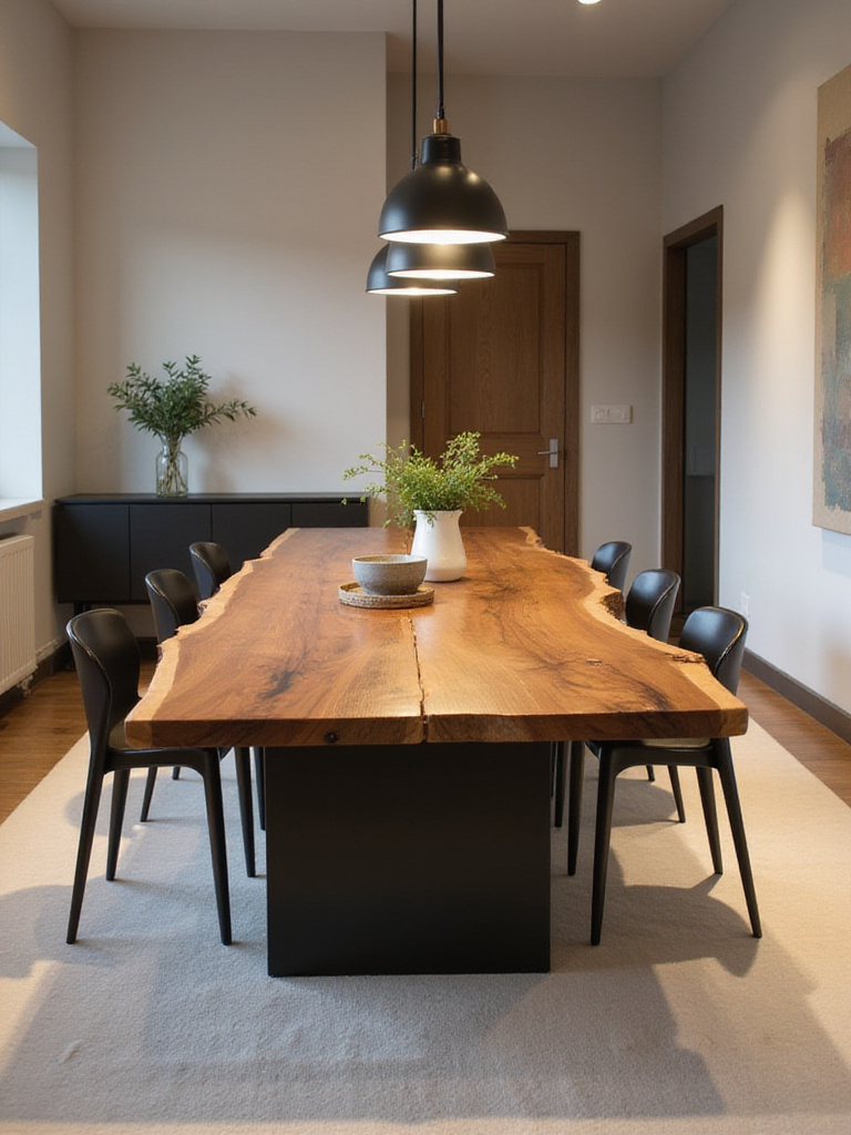 A bold modern dining table made of live-edge wood with a sleek black base in a minimalist dining room.