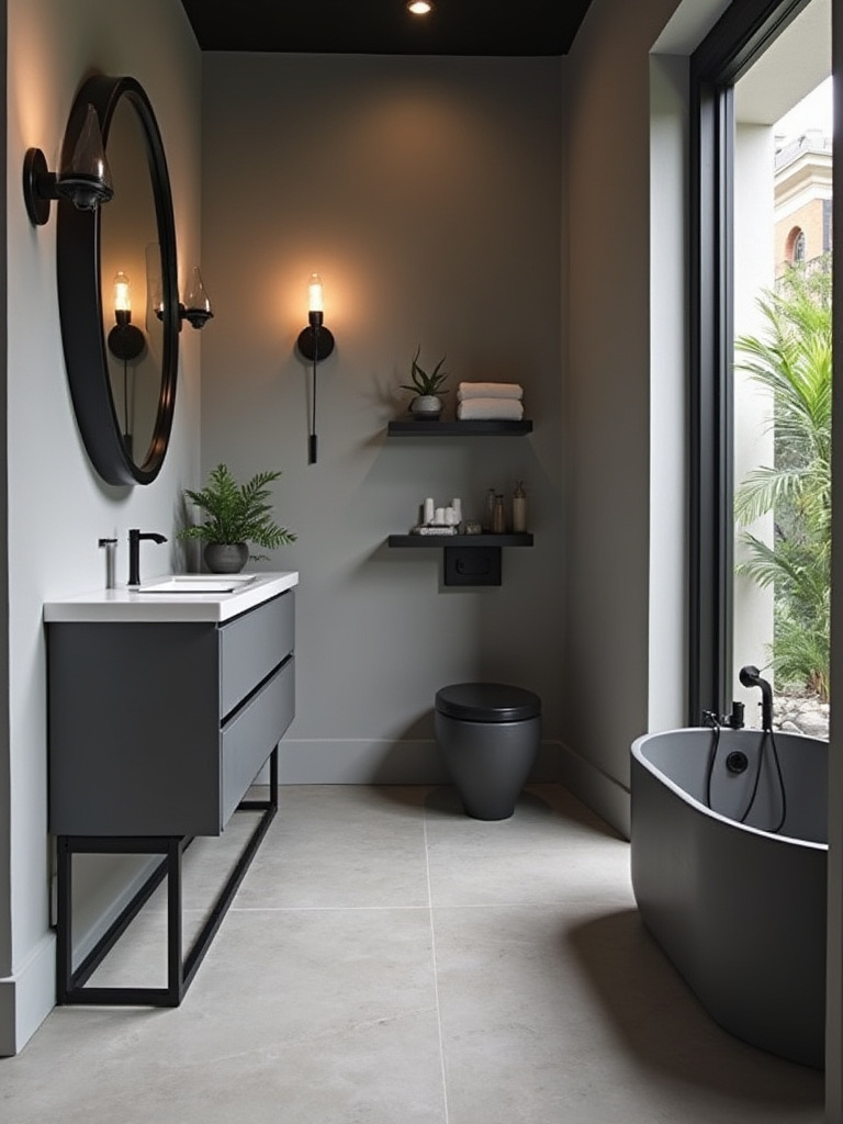 Modern gray bathroom with bold black accents, featuring matte black fixtures and a stylish design.