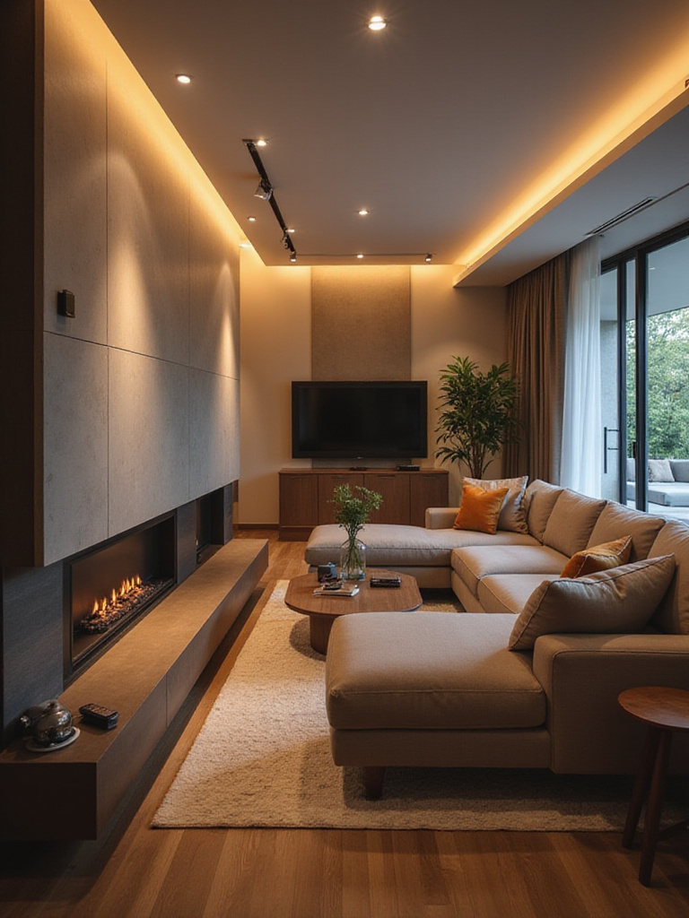 A contemporary living room featuring integrated smart home technology, showcasing a blend of modern design and convenience.