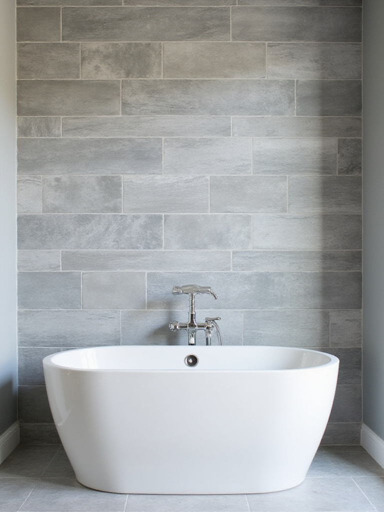 Modern bathroom feature wall with gray subway tiles in herringbone pattern behind freestanding tub