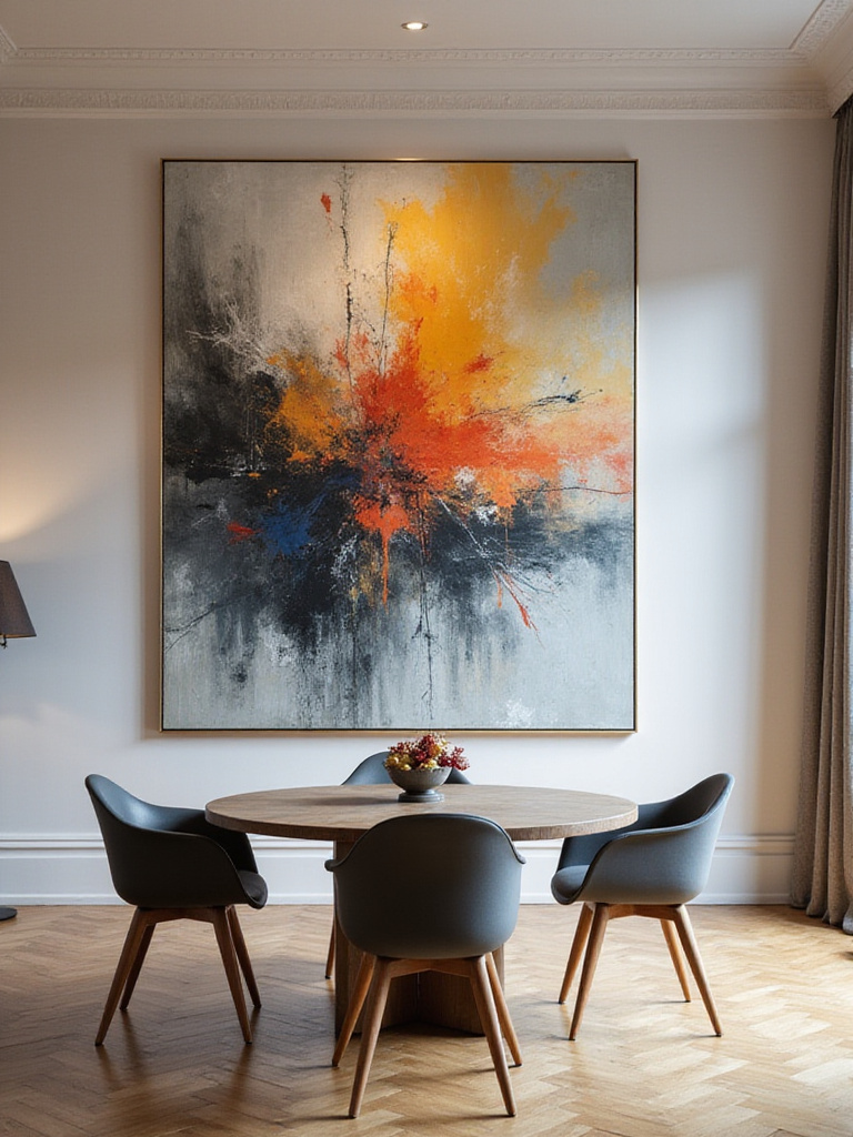 Dining room with oversized abstract artwork on the wall above a dining table.