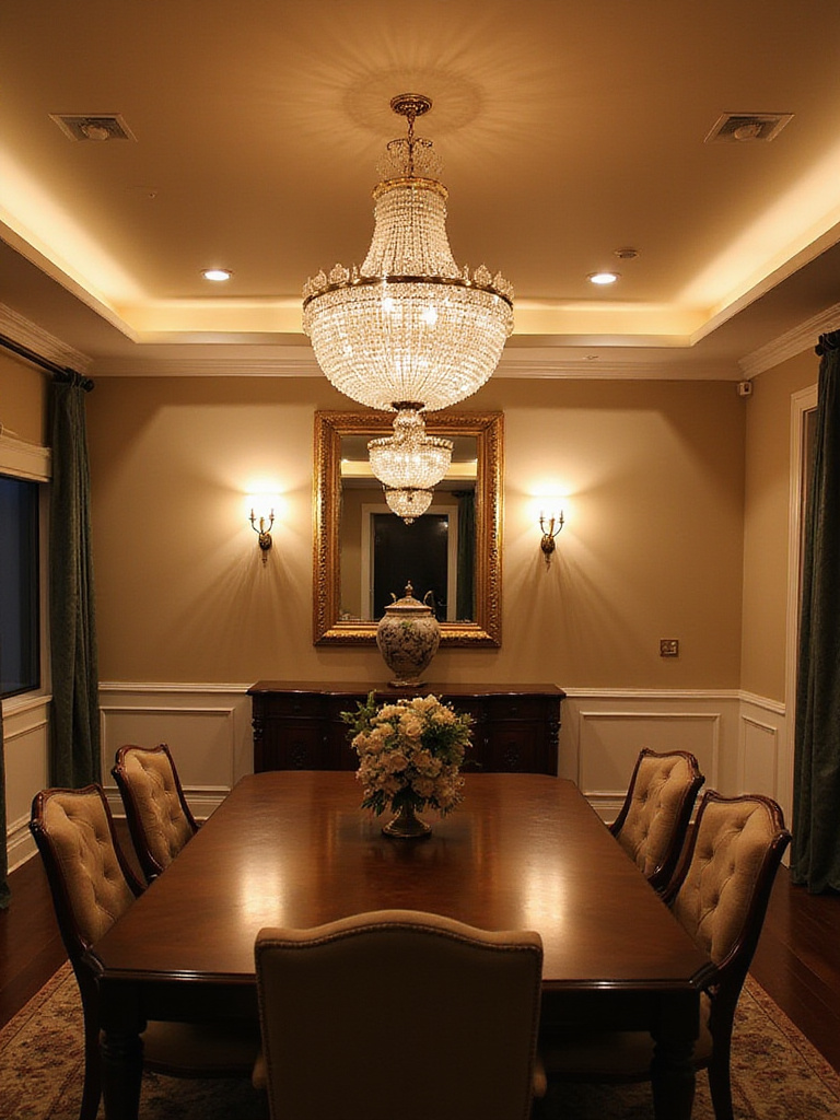 Elegant dining room with layered lighting including chandelier, recessed lights, and wall sconces.