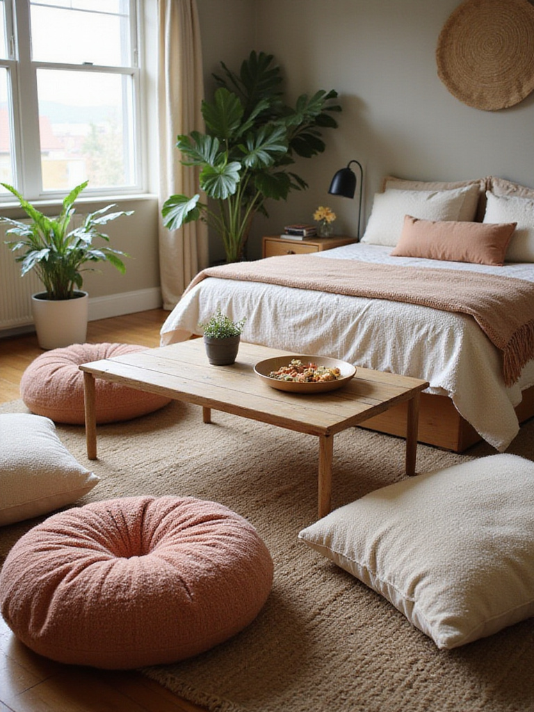 Cozy boho bedroom with plush floor cushions and poufs