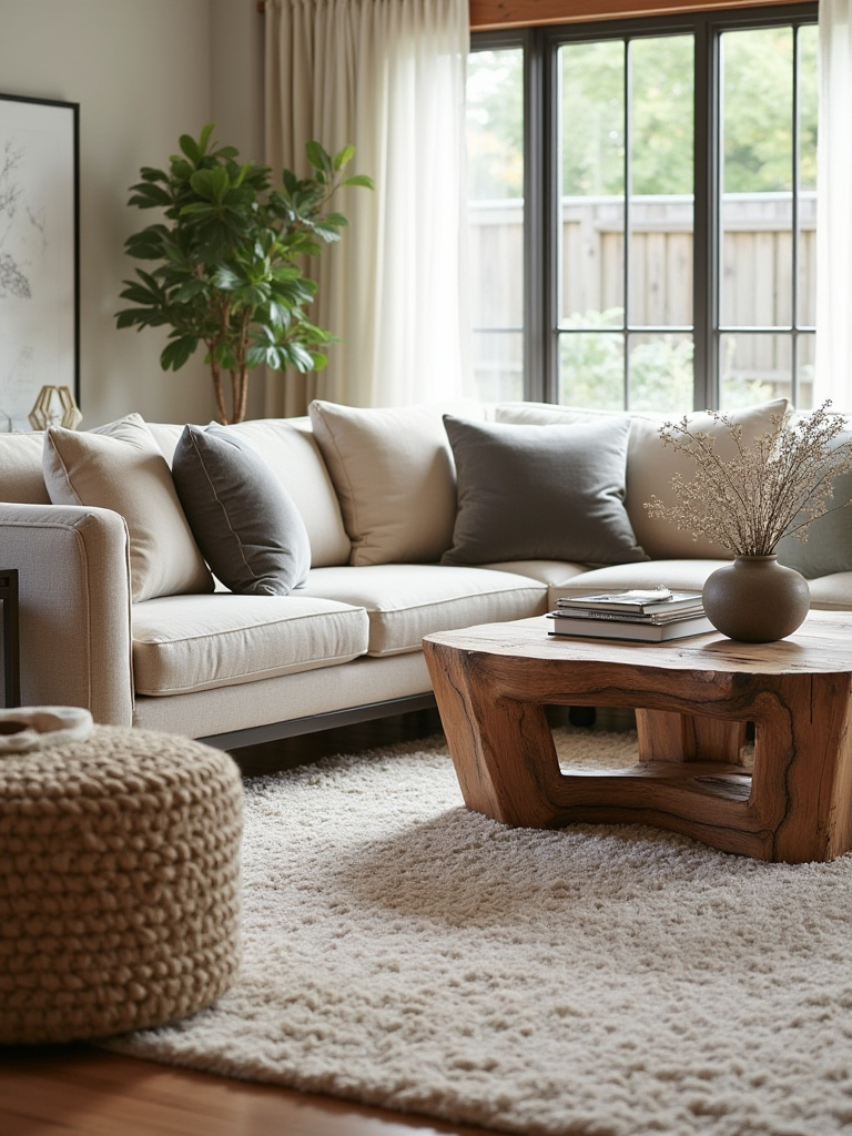 Contemporary living room showcasing various textures with a plush rug, linen sofa, and reclaimed wood table.