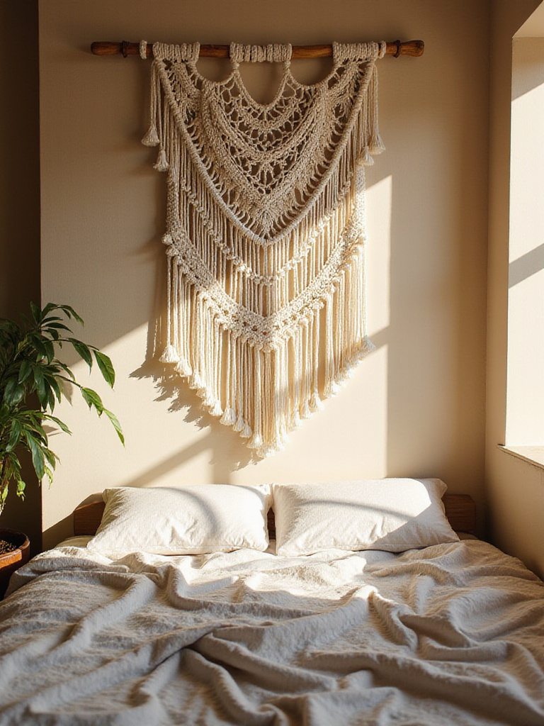 A cozy bohemian bedroom featuring intricate macrame wall art above a bed.