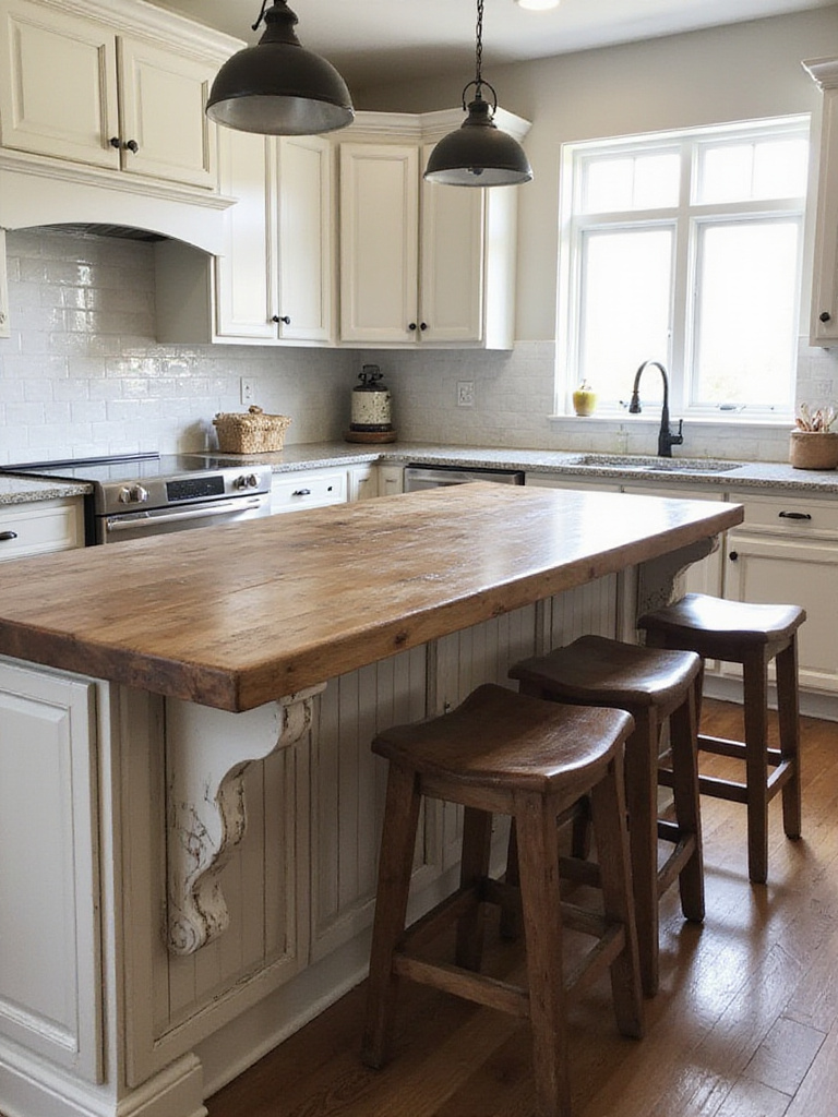 Rustic kitchen island with functional seating and stools for gatherings