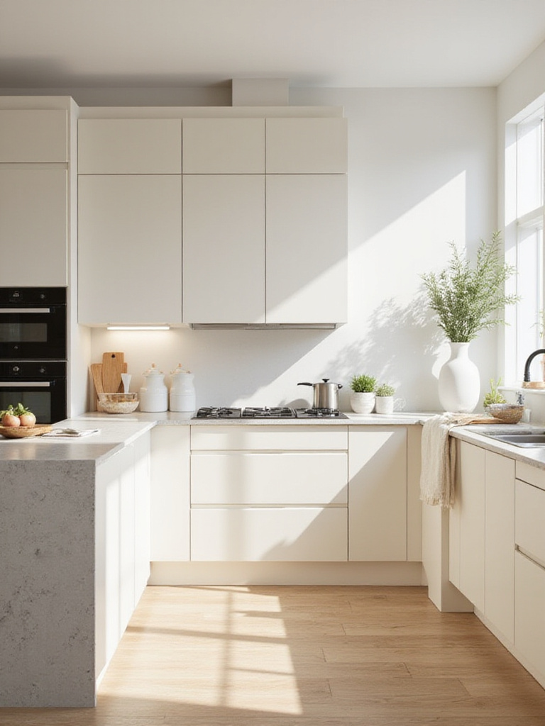 Contemporary kitchen with neutral color palettes featuring off-white cabinets and light grey countertops.