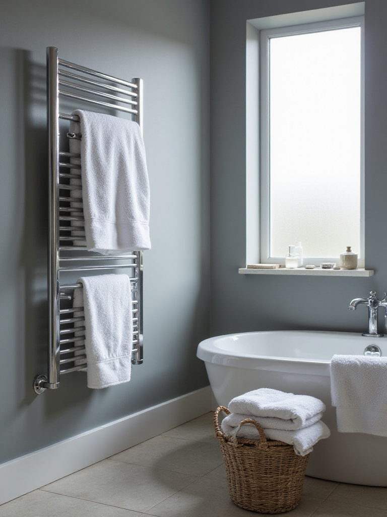 Luxurious gray bathroom with plush white towels on a heated towel rail and in a decorative basket.