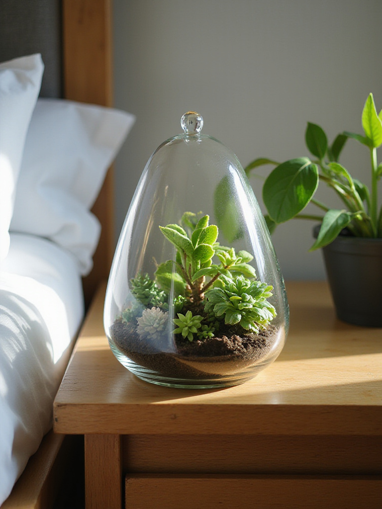 A small terrarium with miniature plants on a bedside table in a serene bedroom setting.