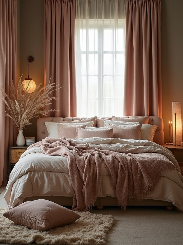 Cozy bedroom with acoustic soft furnishings for sound optimization.