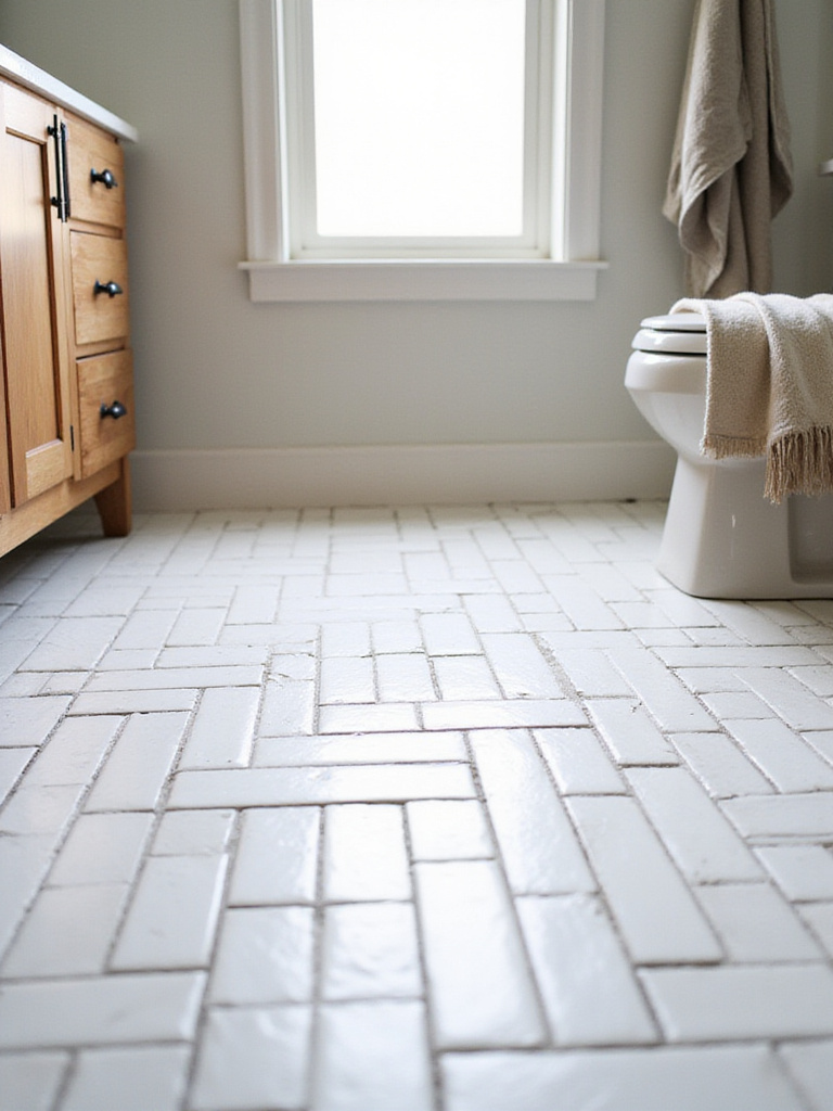 Farmhouse bathroom floor with unique tile layouts featuring herringbone pattern.