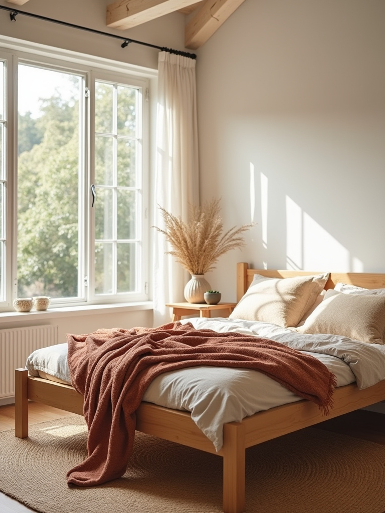 Boho bedroom featuring an earthy neutral color palette with natural light, warm whites, and terracotta accents.