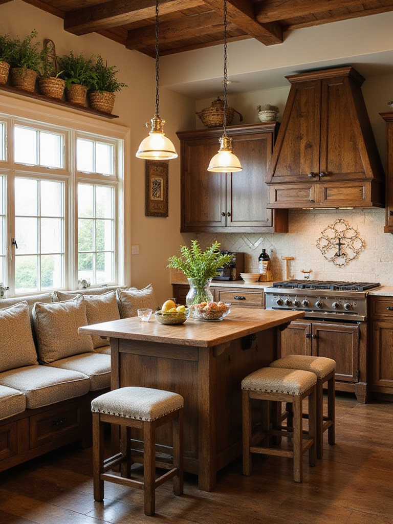 Cozy kitchen nook with rustic island and upholstered seating