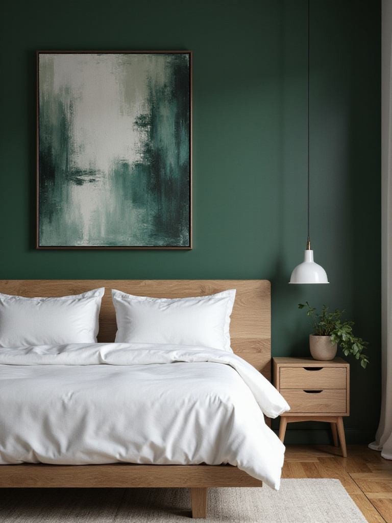 Deep forest green accent wall in a serene bedroom with oak platform bed and abstract art.
