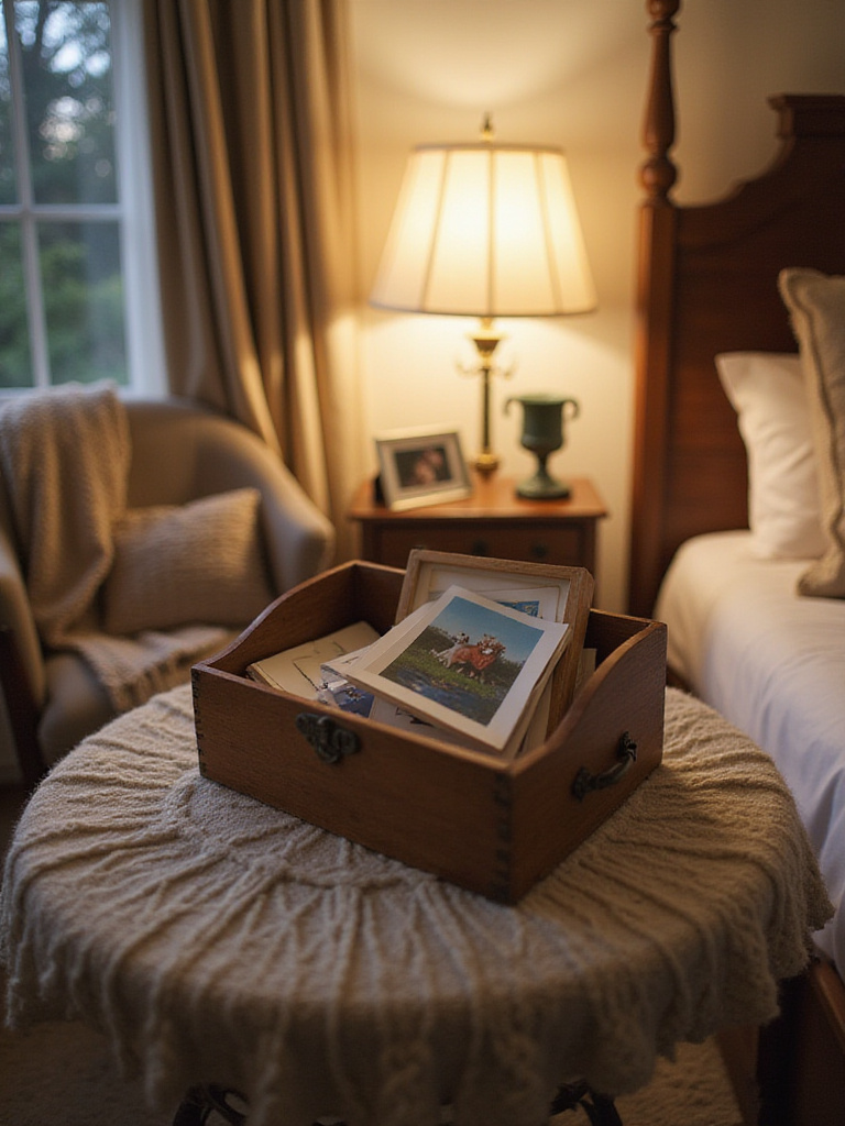 Cozy bedroom with sentimental mementos displayed on a bedside table