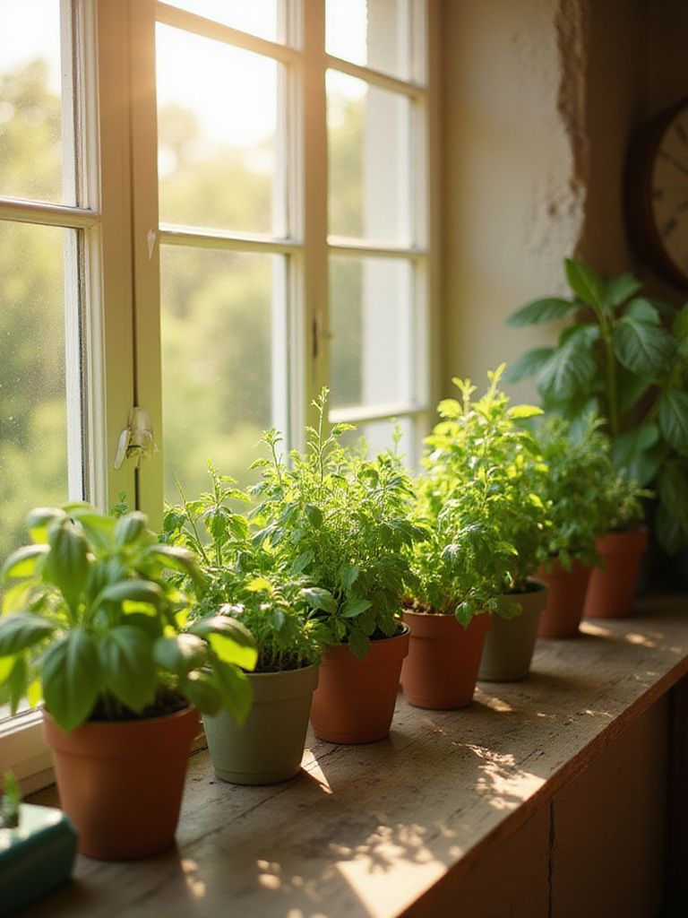 Indoor herb garden on a sunny windowsill with various fresh herbs in colorful pots