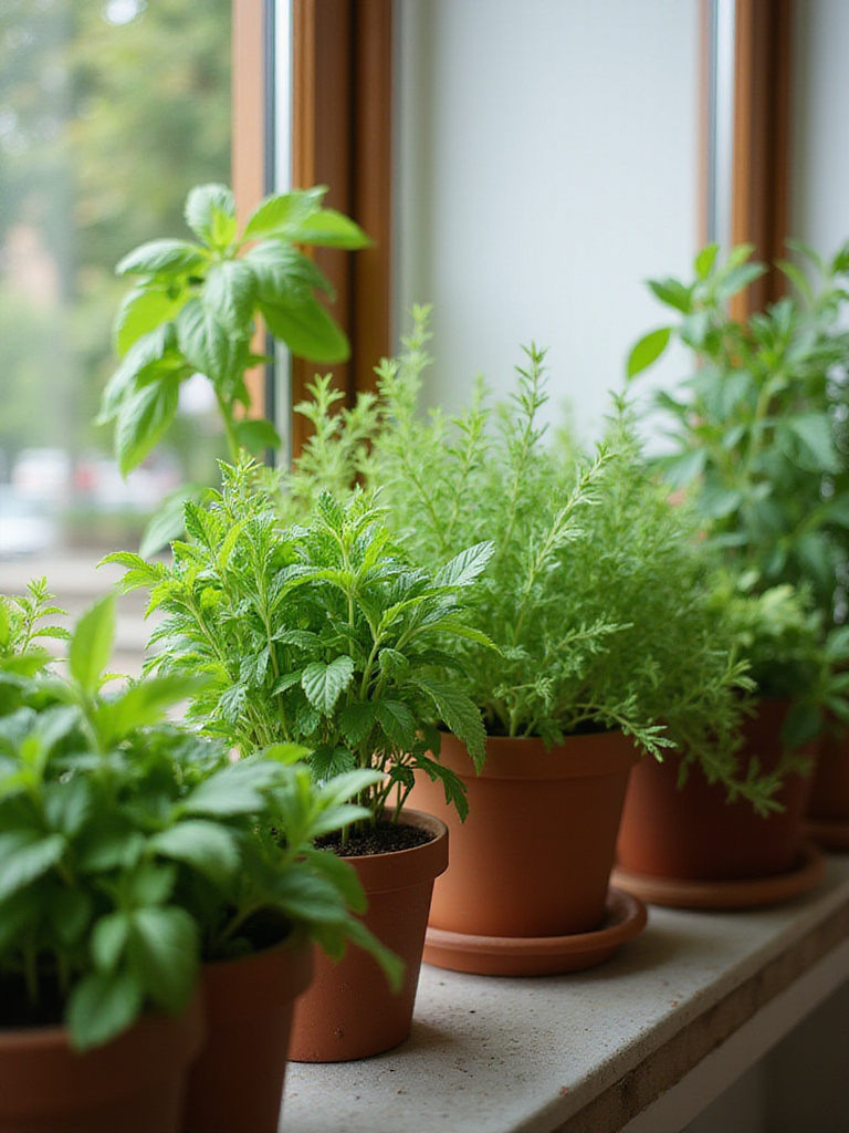 Charming window sill herb garden with basil, mint, and rosemary in terracotta pots