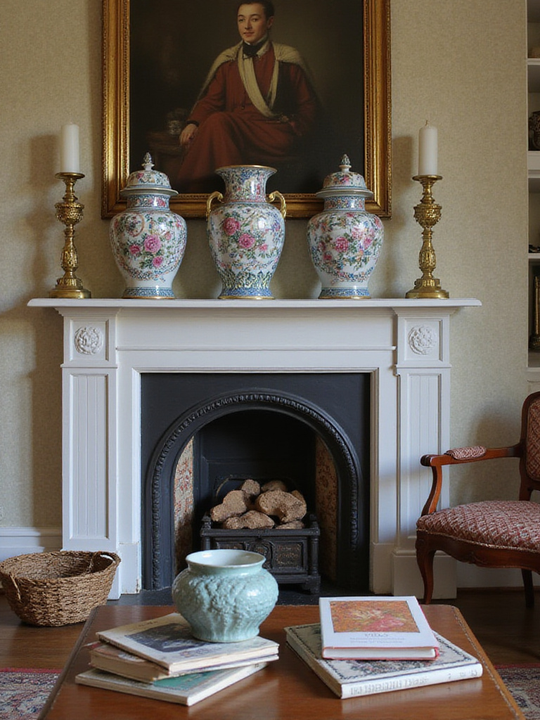 Traditional living room with classic decorative accents including vases, candlesticks, and vintage books.