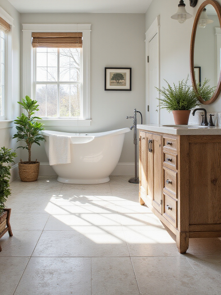 Farmhouse bathroom with a newly installed floor, showcasing rustic decor and natural lighting