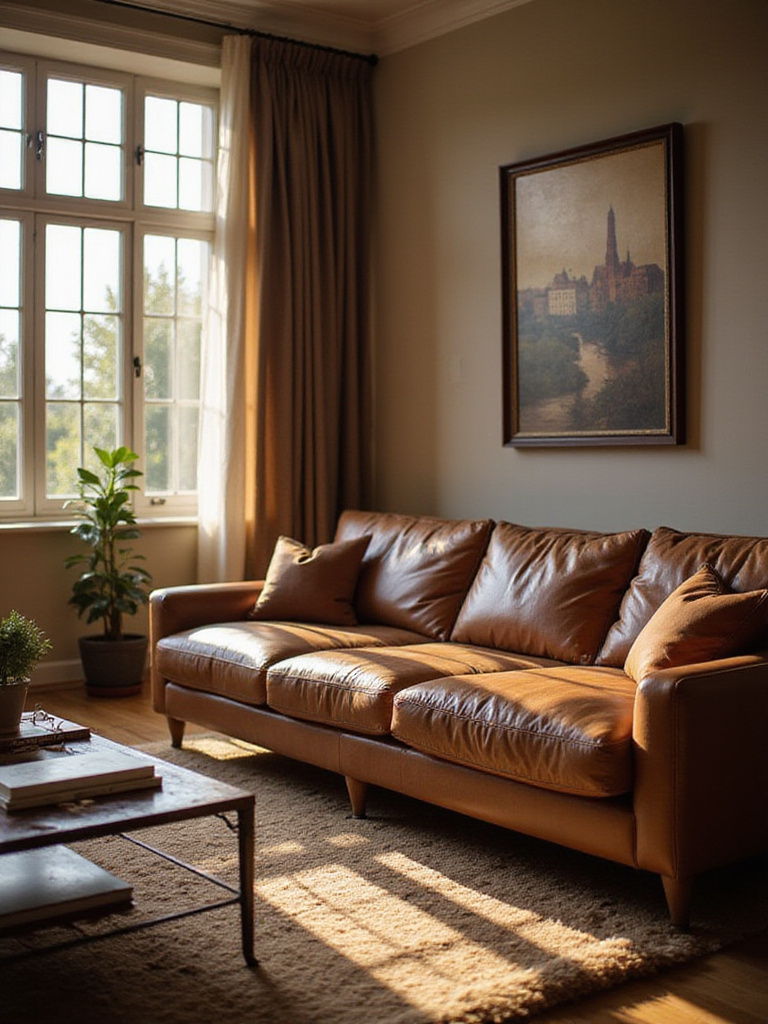 Luxury living room featuring a premium full-grain leather sofa with warm lighting and elegant decor.