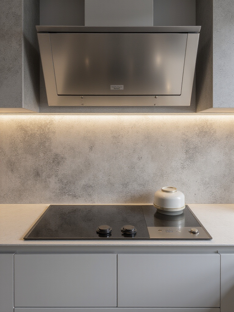 Contemporary kitchen with subtle concrete-effect porcelain slab backsplash behind induction range.