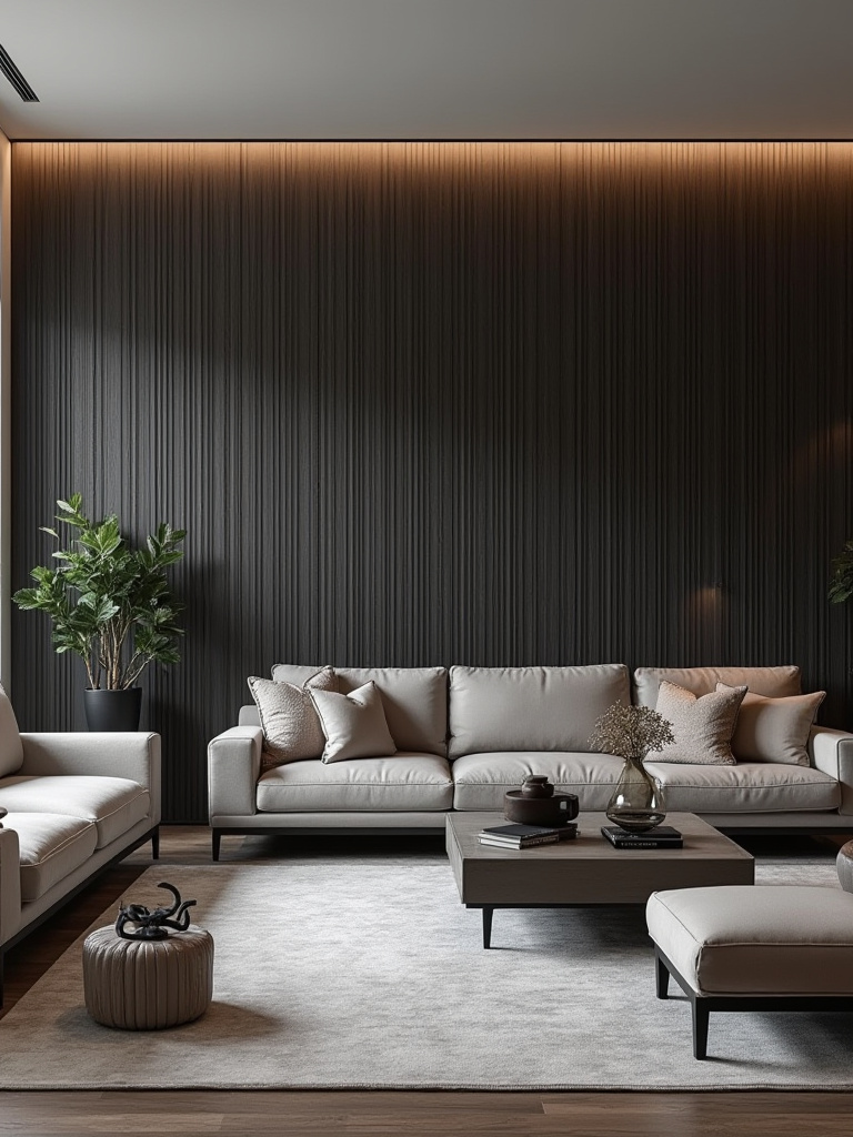 Contemporary living room with a textured feature wall made of fluted wood panels in a deep charcoal gray.