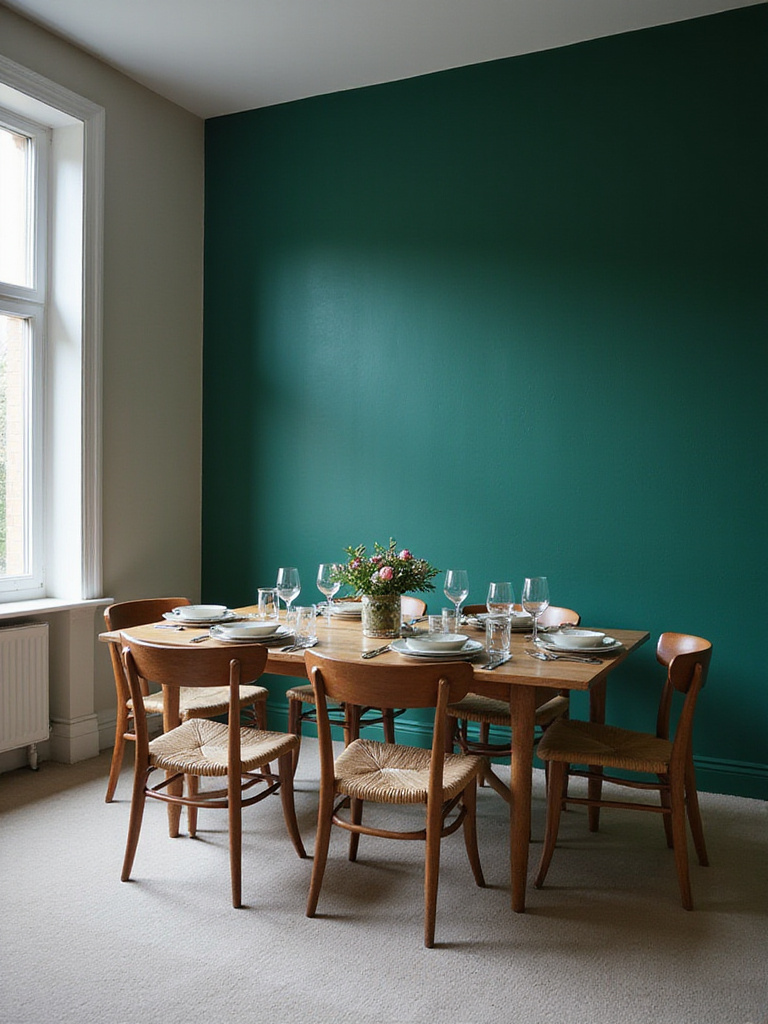 Dining room with a bold emerald green accent wall, well-lit and styled with a dining table.
