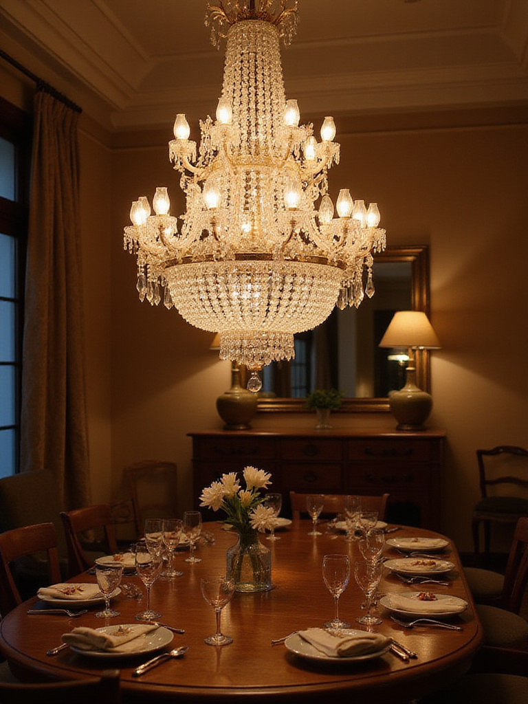 Luxurious dining room featuring a grand chandelier as the focal point above a polished table.