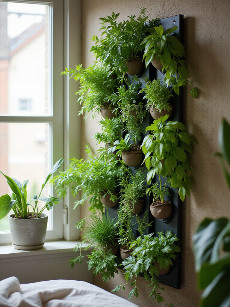 Small vertical herb and plant garden wall in a cozy bedroom setting.