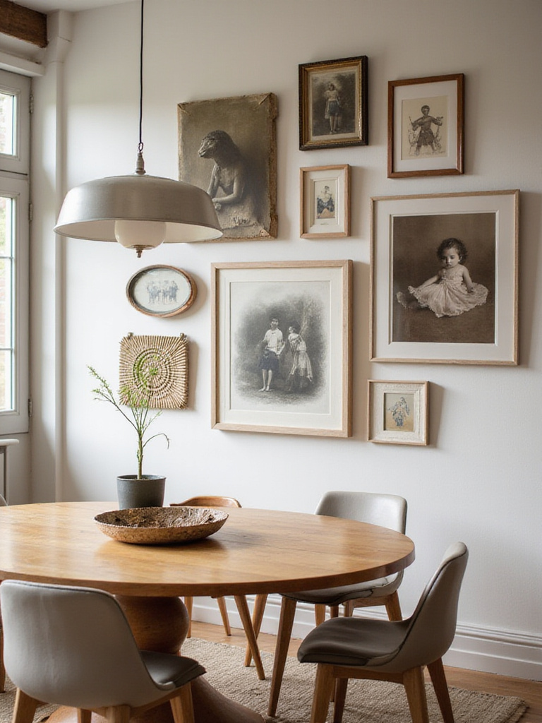 A curated gallery wall featuring art and photographs in a stylish dining room setting.