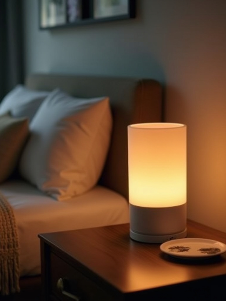 Cozy bedroom scene featuring a dimmable lamp casting a warm glow on a bedside table.