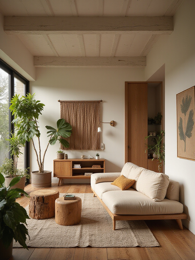 Contemporary living room with sustainable materials and eco-conscious design elements.