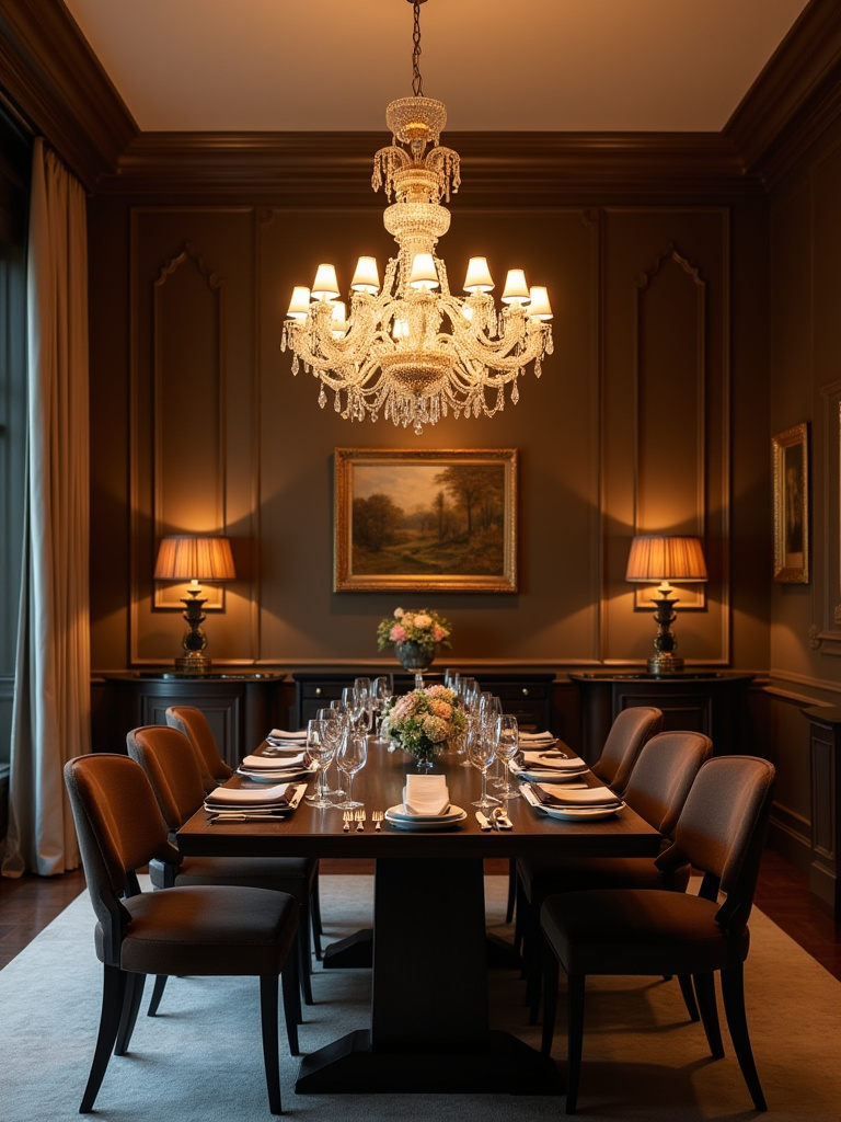 Luxurious dining room featuring a perfectly scaled chandelier above an elegant dining table.