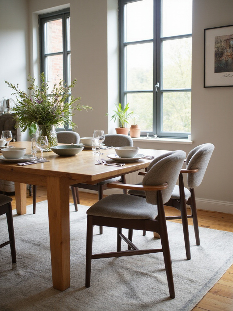 A modern dining room with a spacious dining table set for six, featuring elegant chairs and a bright, airy atmosphere.