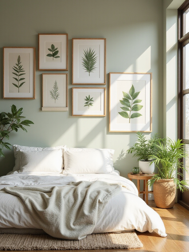 Serene bedroom with botanical prints and nature-inspired art on the walls.