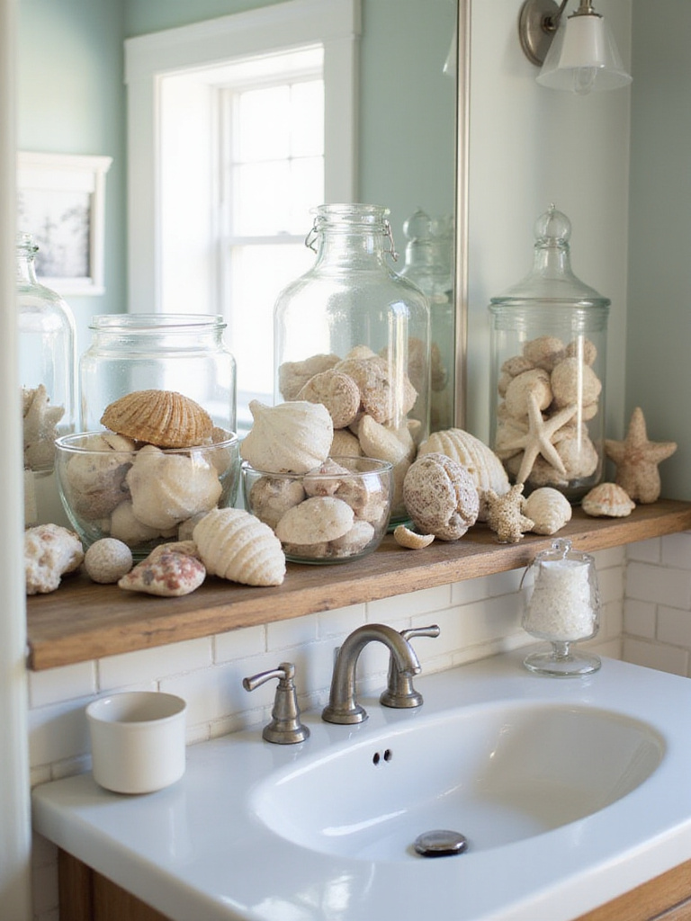 A coastal-themed bathroom showcasing a collection of natural seashells and starfish in glass jars on a wooden shelf.