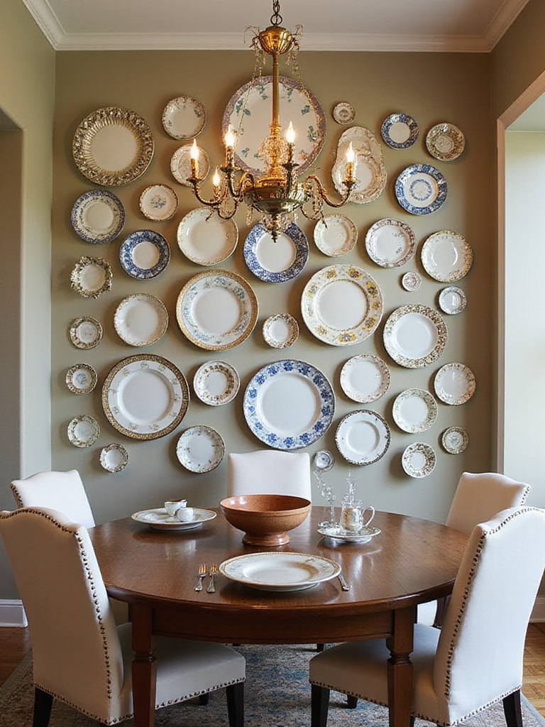 Dining room wall decor featuring a collection of cherished dinnerware and collector's plates.