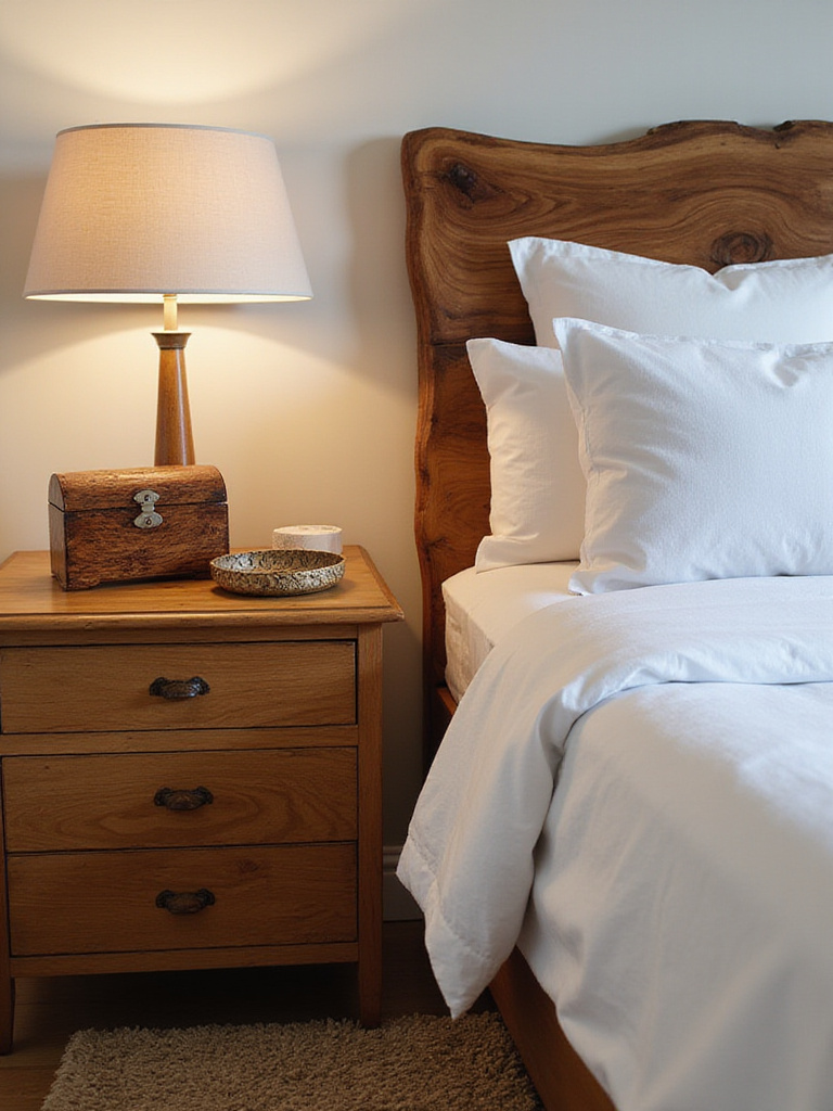 Cozy bedroom featuring natural wood accents with a live-edge walnut headboard and solid wood nightstand.