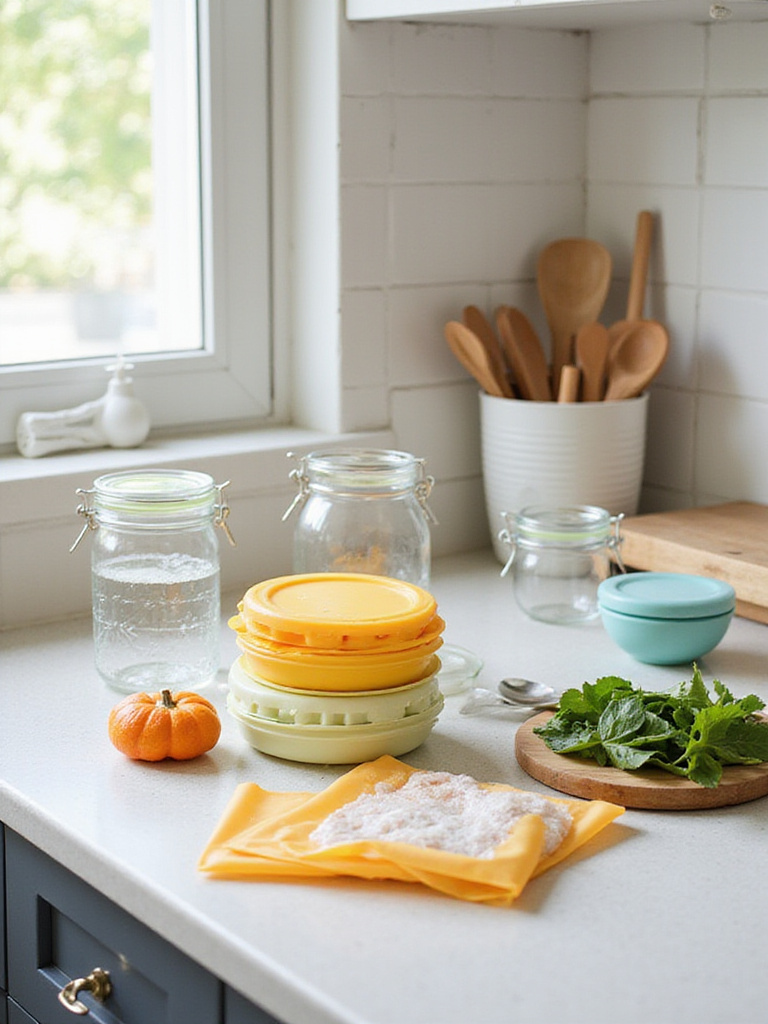 Organized kitchen countertop with reusable storage solutions like glass containers, silicone bags, and beeswax wraps.