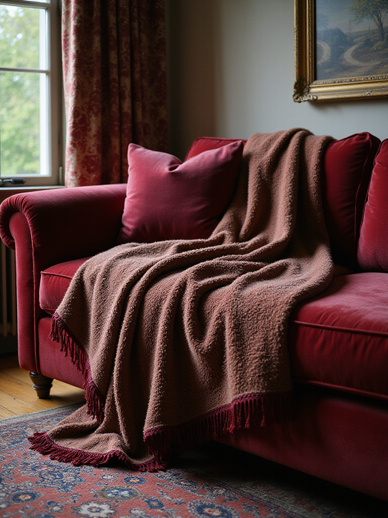 Luxurious throw blanket draped over a velvet sofa in a traditional living room
