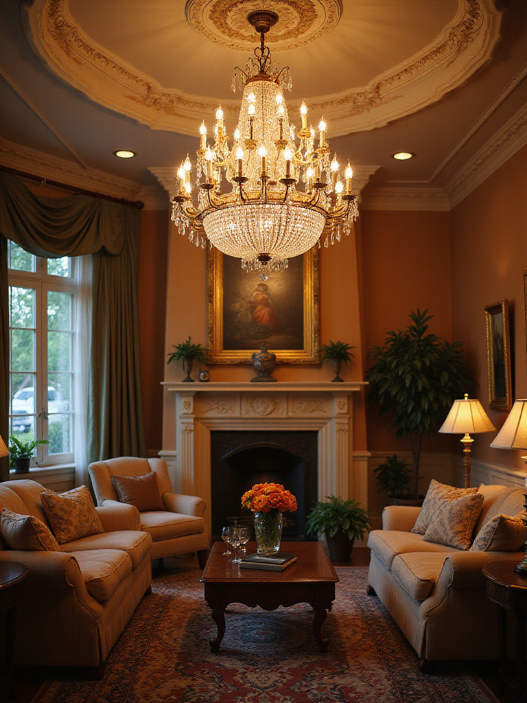 A luxurious traditional living room featuring a classic chandelier as the focal point.