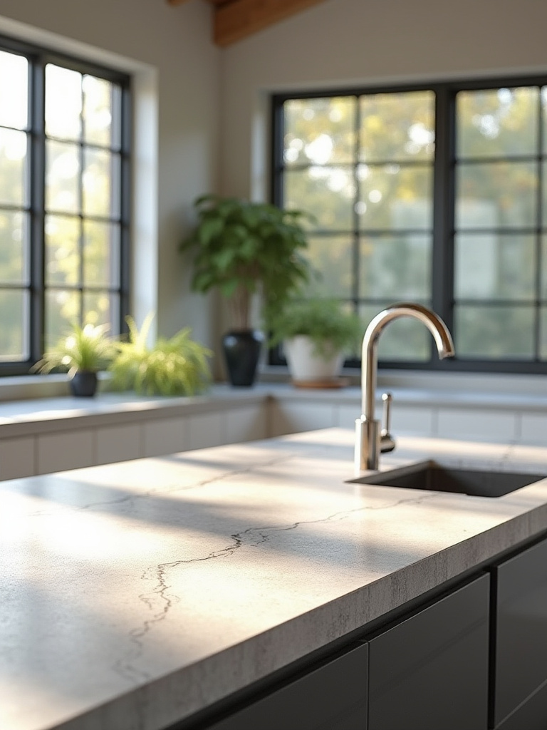 Modern kitchen with quartz and concrete countertops showcasing seamless design and elegant textures.