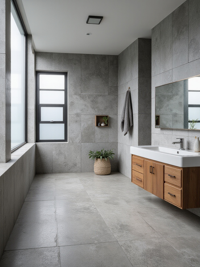 Modern bathroom showcasing concrete-look gray tiles on walls and floors, with warm wood accents.