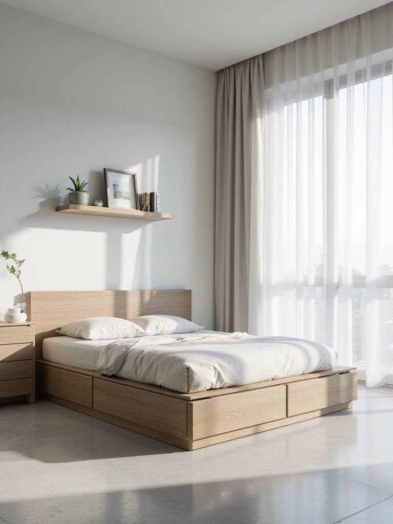 Minimalist bedroom with platform bed and natural light